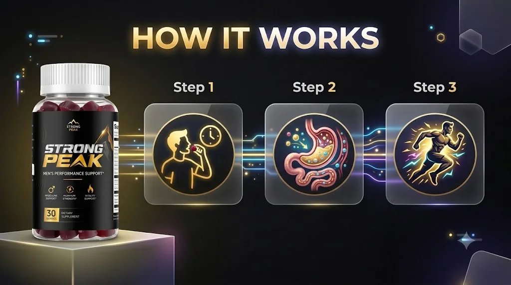 Brand infographic: how Strong Peak works in three steps, take a gummy, digestion and absorption, and an energetic man running