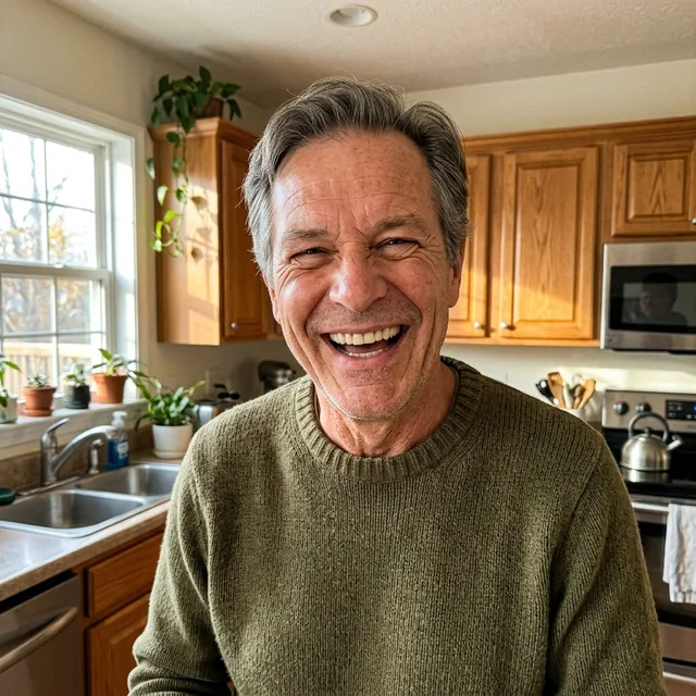 Illustrative photo of a smiling older man in a kitchen